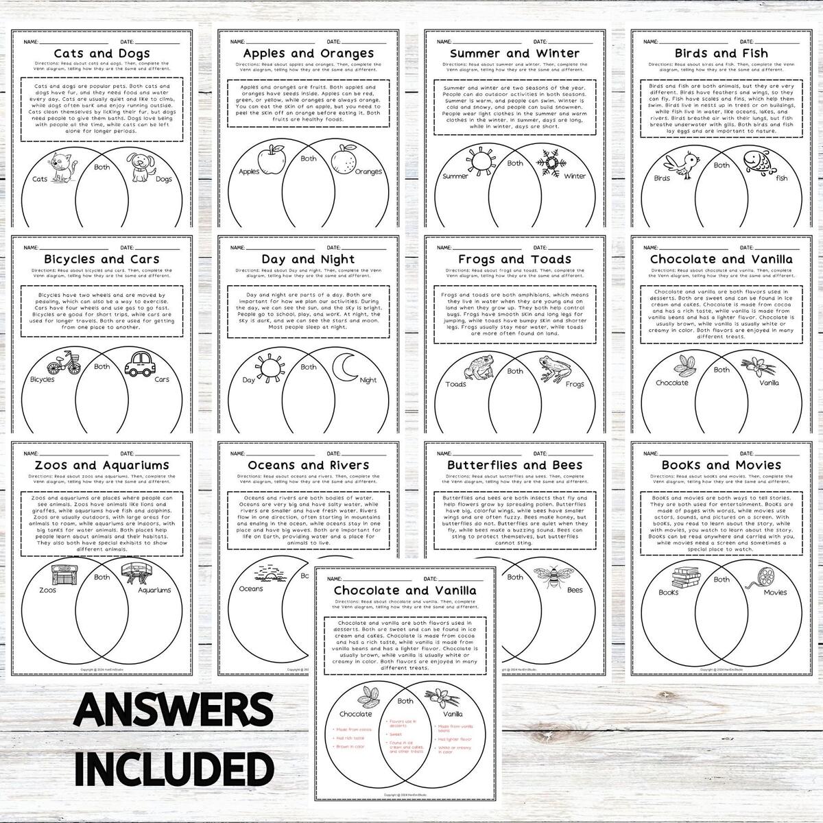 12 Compare And Contrast Worksheets Reading Comprehension Worksheet Similarity And Difference Worksheet Venn Diagram Comparison Worksheet Etsy