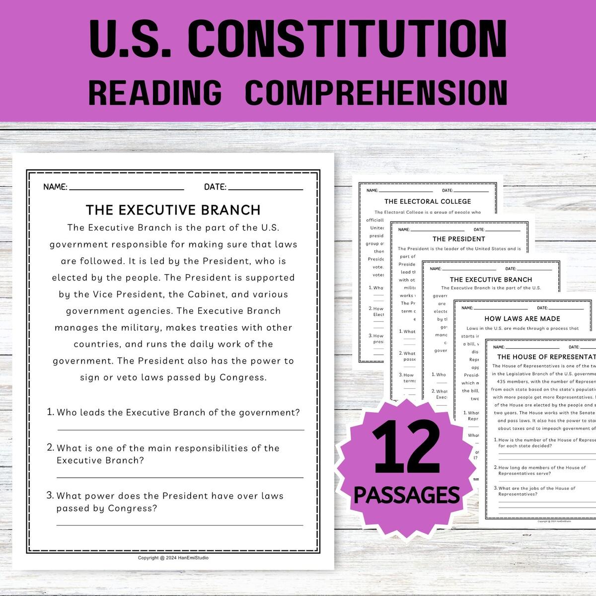 12 US Constitution Reading Comprehension Worksheets 4th Grade Reading Comprehension Social Studies Worksheet Branches Of The Government Etsy