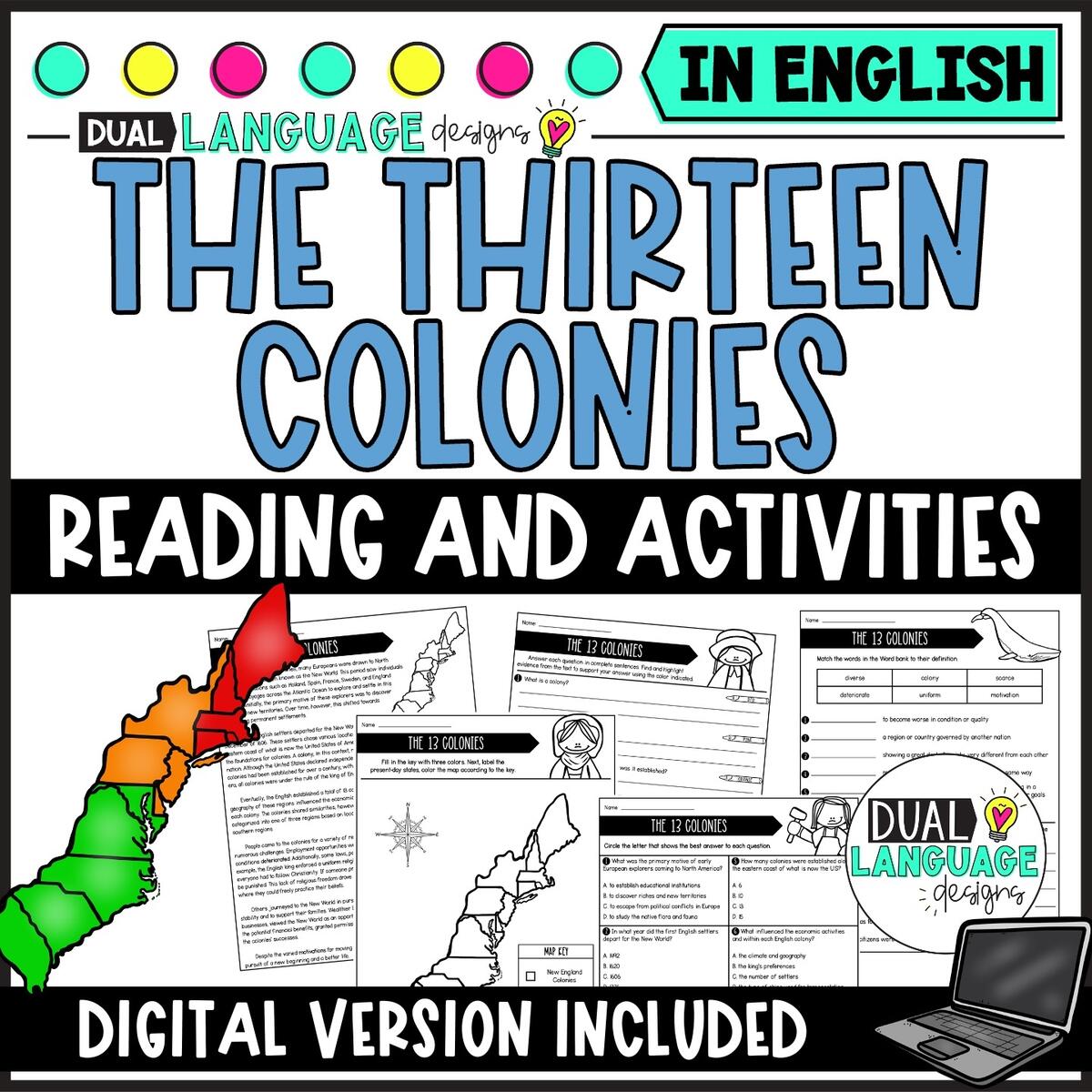 13 Colonies Reading Passage Dual Language Designs K 2 Reading Practice Worksheets Southern Colonies Passages Southern Colonies Question Social Study Activity For Kids No Prep Printable Etsy