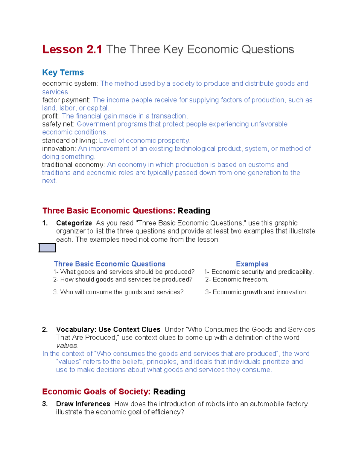 2 1 Lesson On The Three Key Economic Questions And Key Terms Studocu