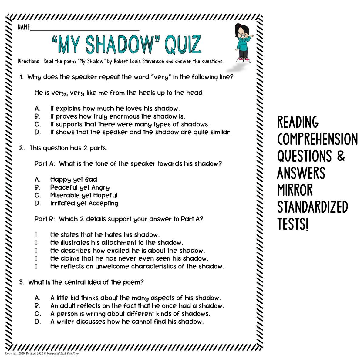 2nd 3rd 4th Grade Poetry Test Prep Reading Worksheets My Shadow Poem Analysis Made By Teachers