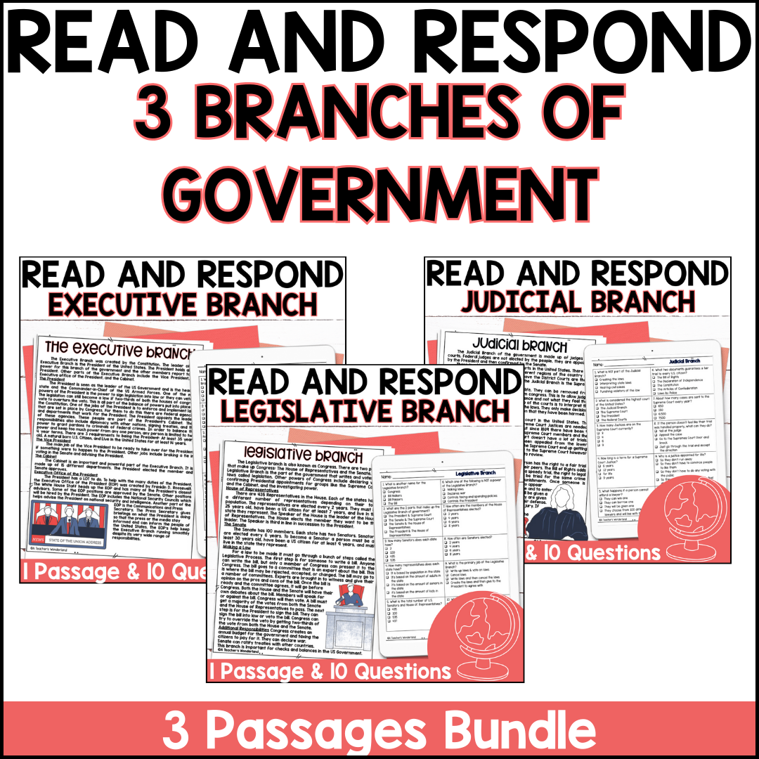 3 Branches Of Government Reading Passage Comprehension Questions History A Teacher S Wonderland