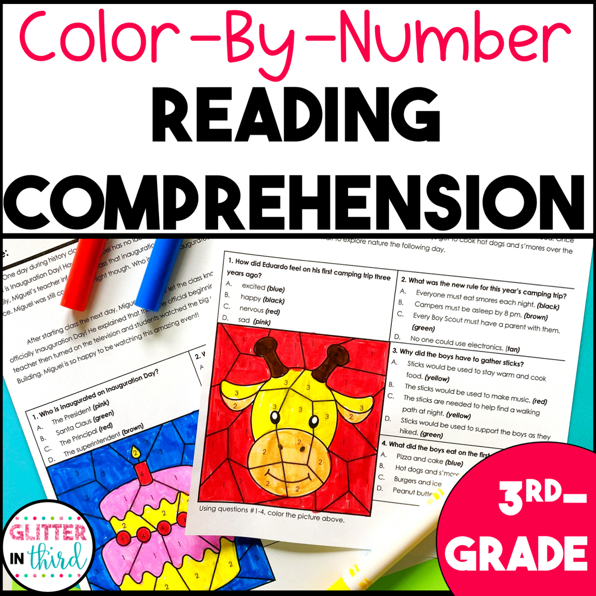 3rd Grade Reading Comprehension Passages And Questions Color By Number Worksheets BUNDLE Glitter In Third