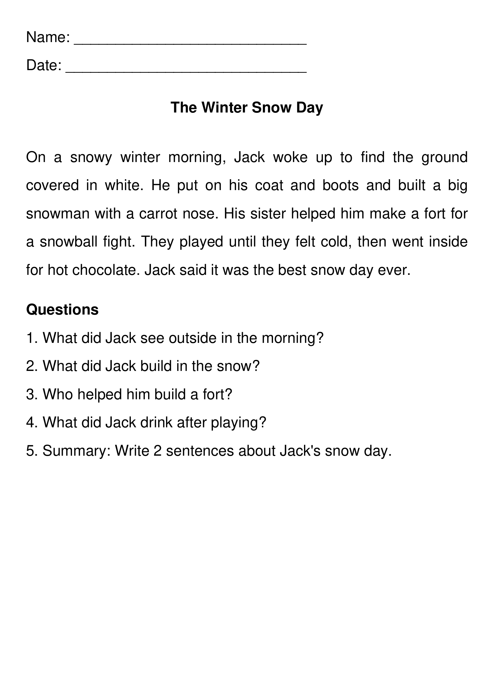 Reading Comprehension Worksheets For Grade 3 Grade1to6