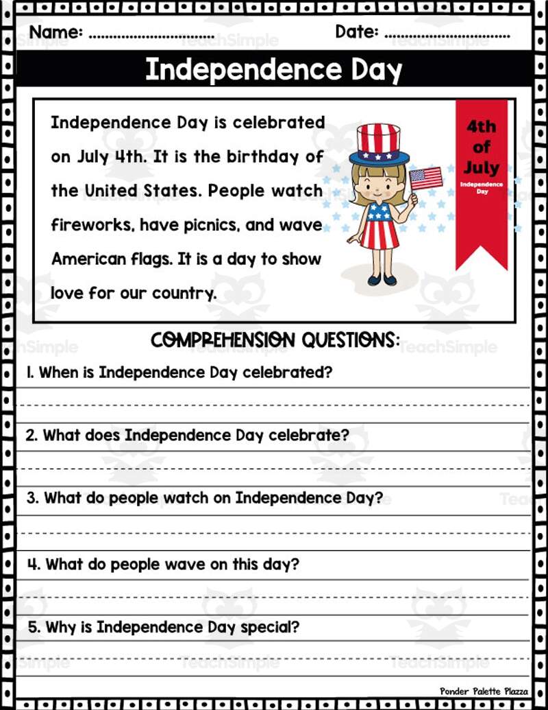 4 Th Of July Reading Comprehension Activity Answers By Teach Simple