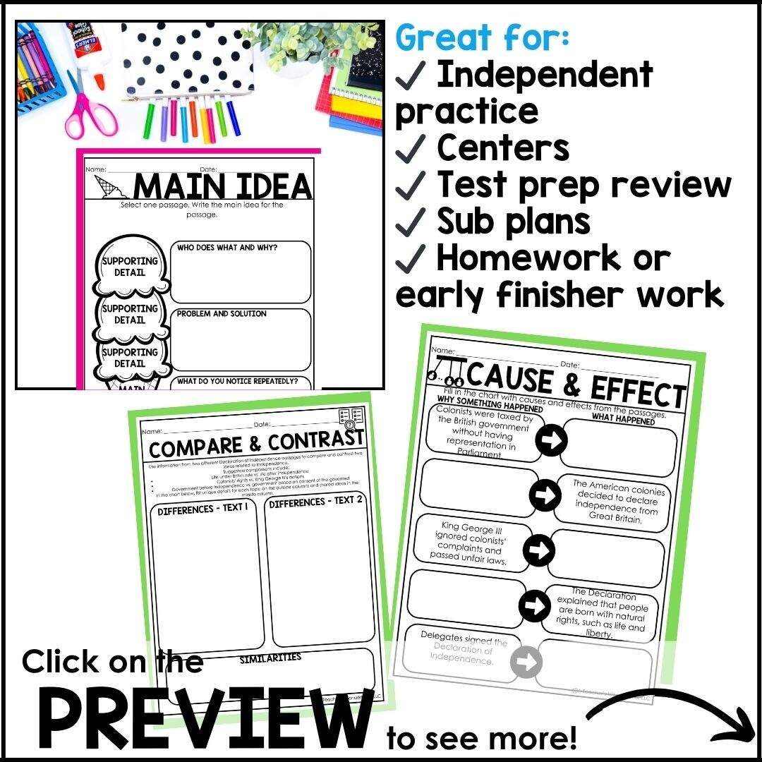 4th 5th Grade Declaration Of Independence Passages Reading Comprehension A Teacher S Wonderland