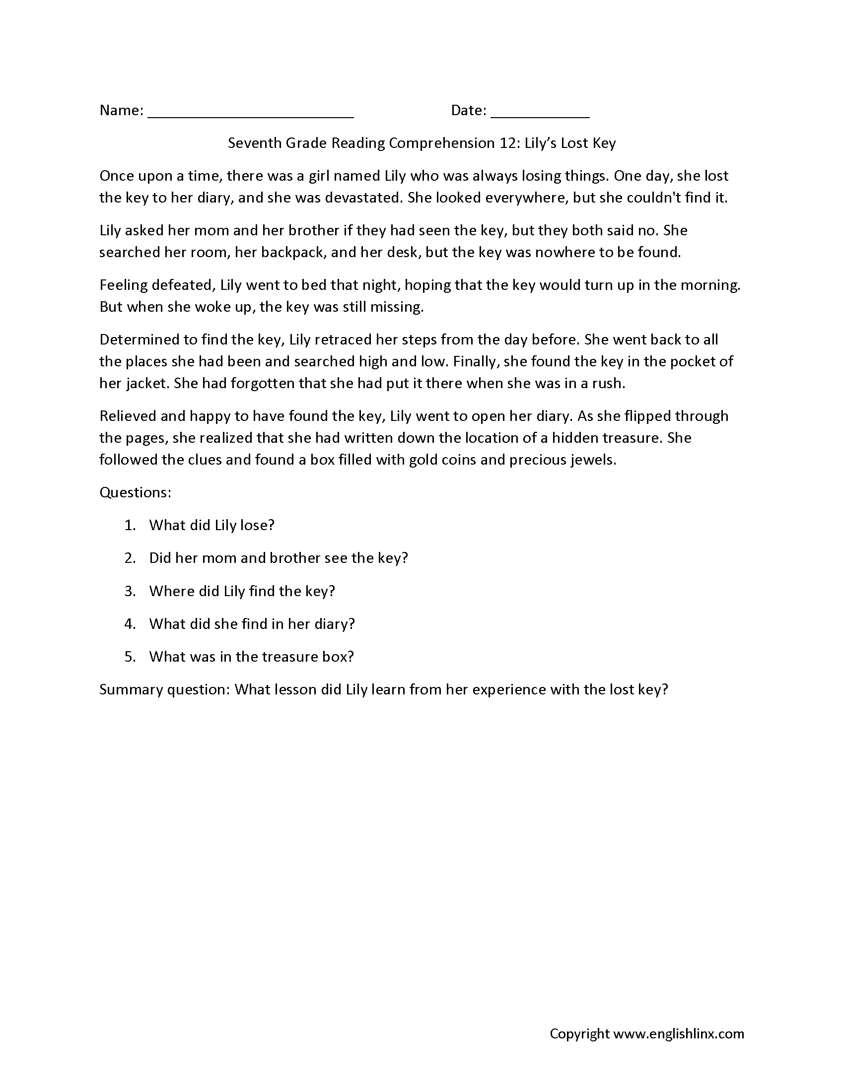 7th Grade Reading Comprehension Worksheets Printable Passages Questions 7th Grade Reading Comprehension Worksheets Printable Passages Questions