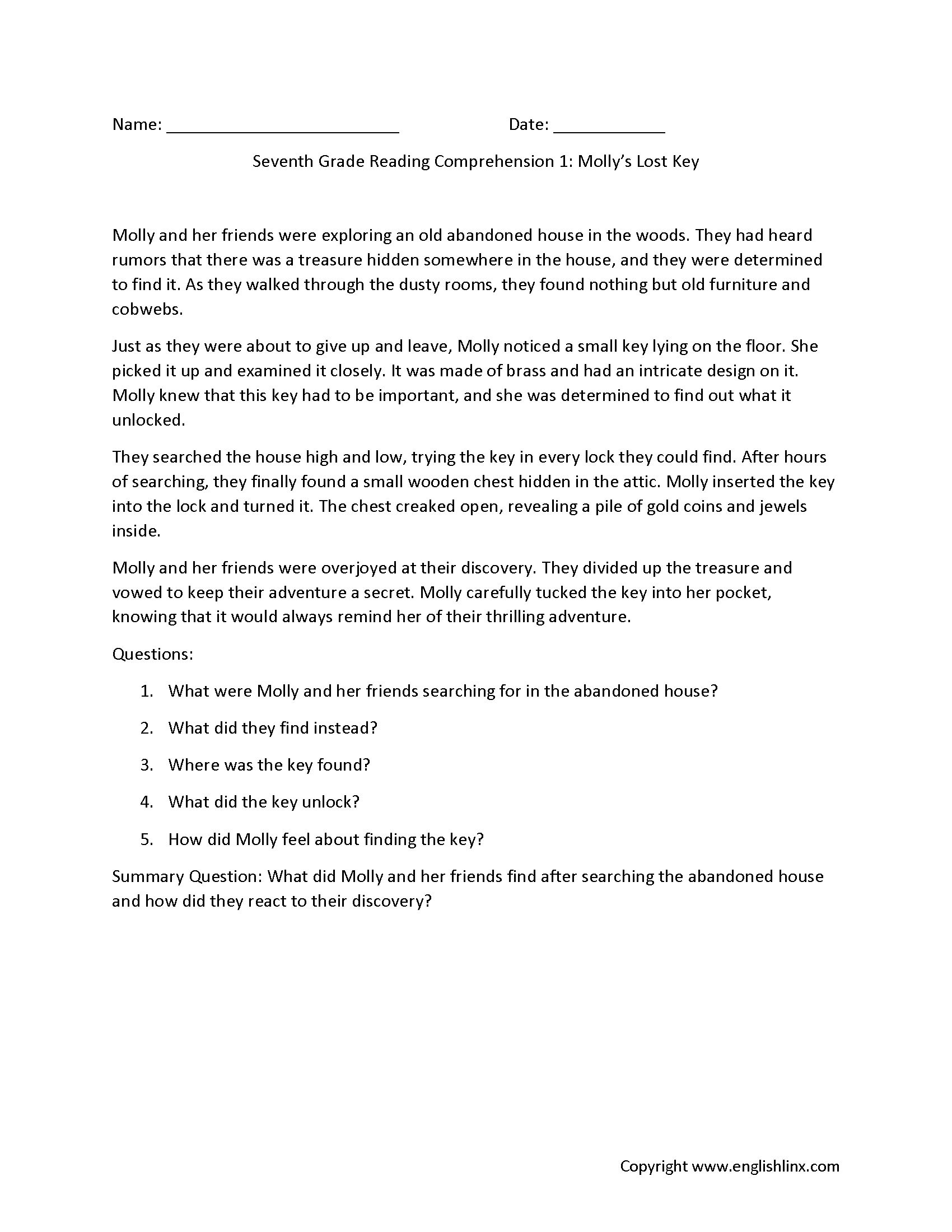 7th Grade Reading Comprehension Worksheets Printable Passages Questions