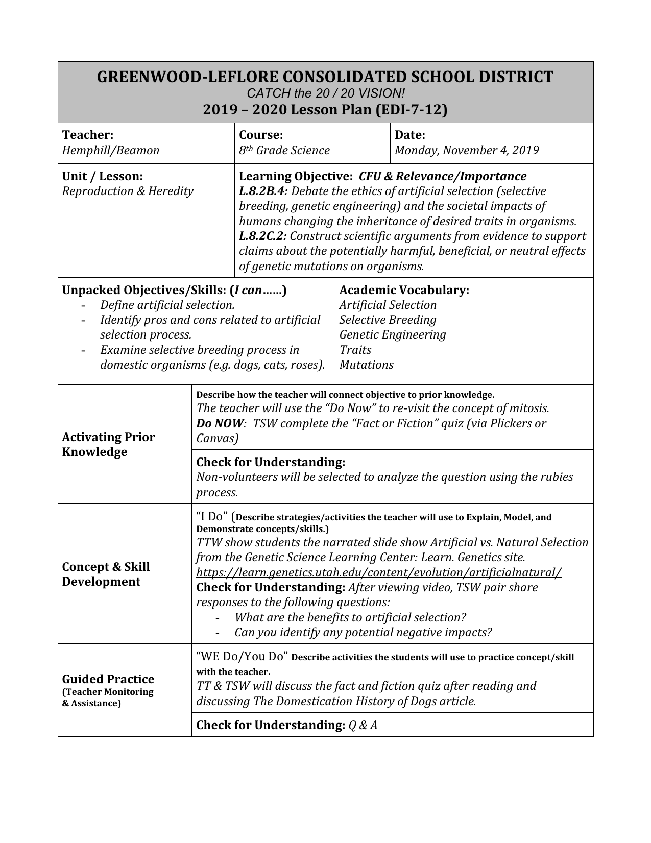 8th Grade Science Lesson Plan Reproduction Heredity