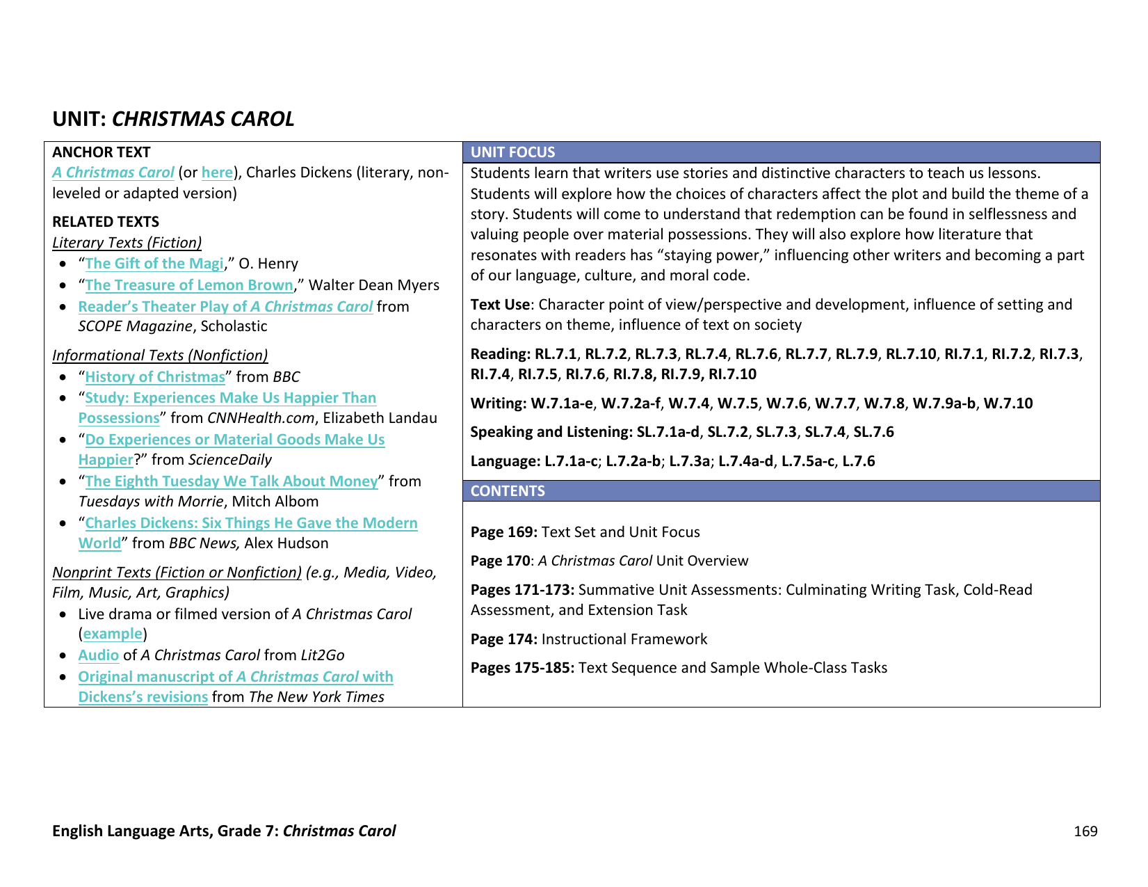 A Christmas Carol Unit Plan 7th Grade ELA