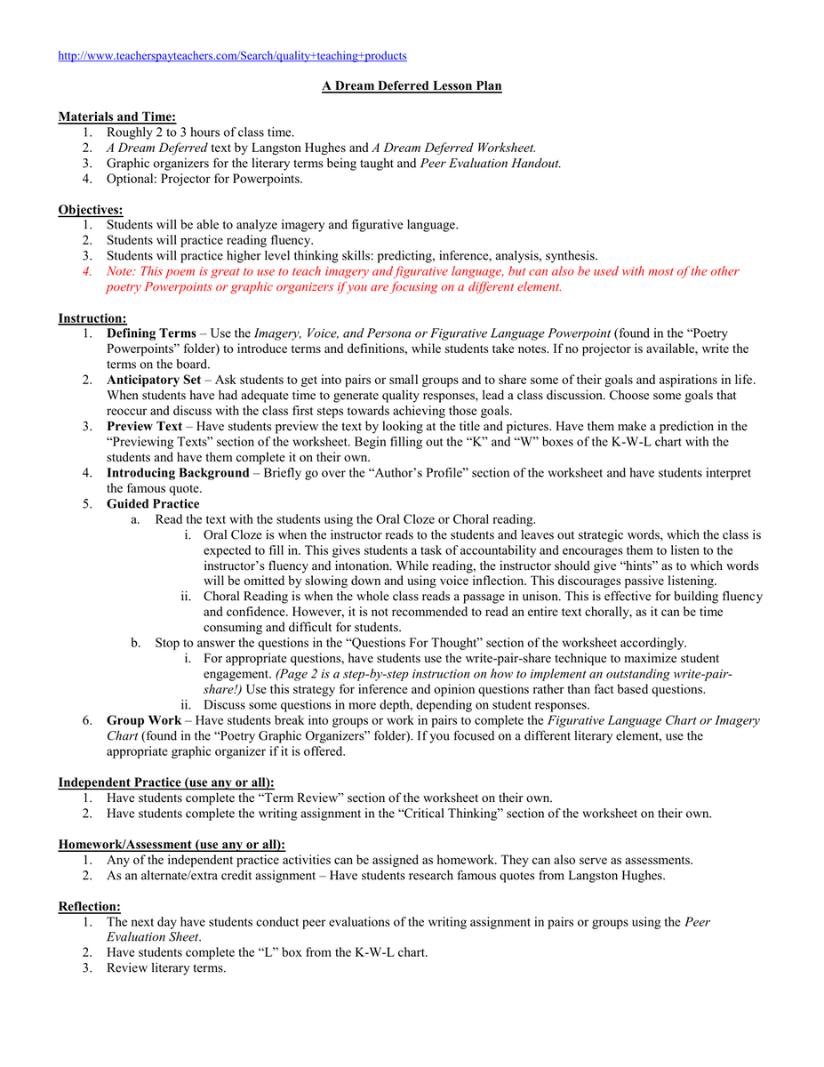 A Dream Deferred Lesson Plan Imagery Figurative Language