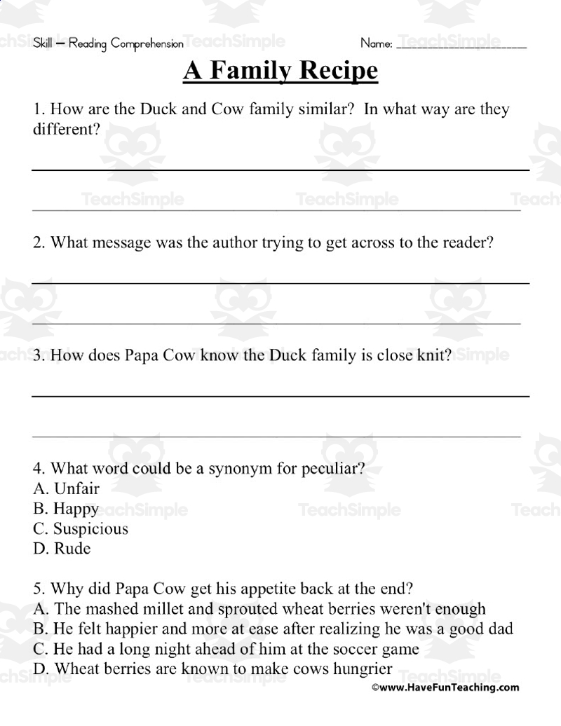 A Family Recipe Reading Comprehension Worksheet By Teach Simple