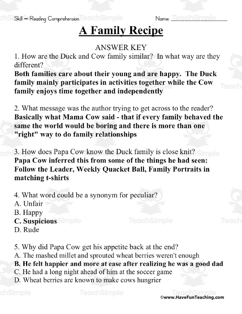 A Family Recipe Reading Comprehension Worksheet By Teach Simple A Family Recipe Reading Comprehension Worksheet By Teach Simple