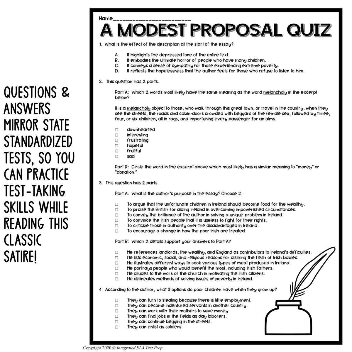 A Modest Proposal Quiz Lesson Plan Jonathan Swift ELA Satire Test Prep Pack Classful