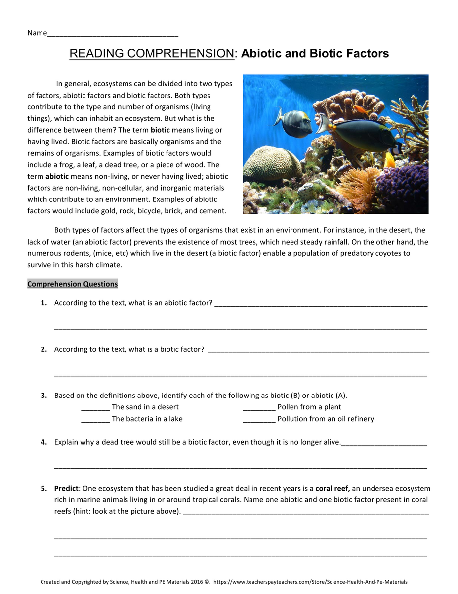 Abiotic Biotic Factors Reading Comprehension Worksheet