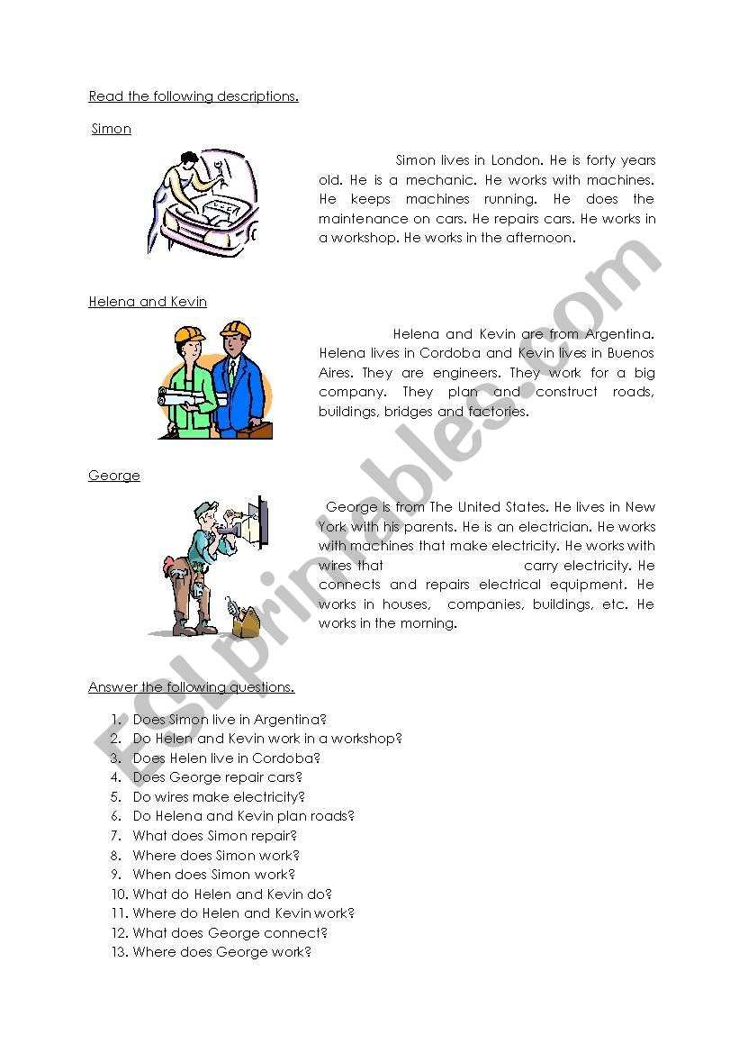 About Mechanics Engineers And Electricians ESL Worksheet By Spanglish Girl