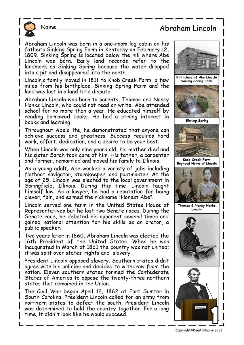 Abraham Lincoln Reading Comprehension Passage Made By Teachers Abraham Lincoln Reading Comprehension Passage Made By Teachers