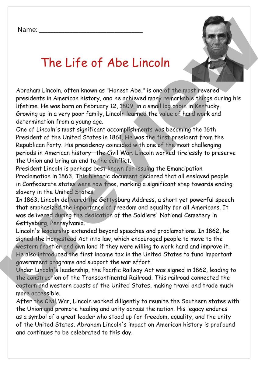 Abraham Lincoln Reading Comprehension Worksheets Civil War Leadership Teaching Resources