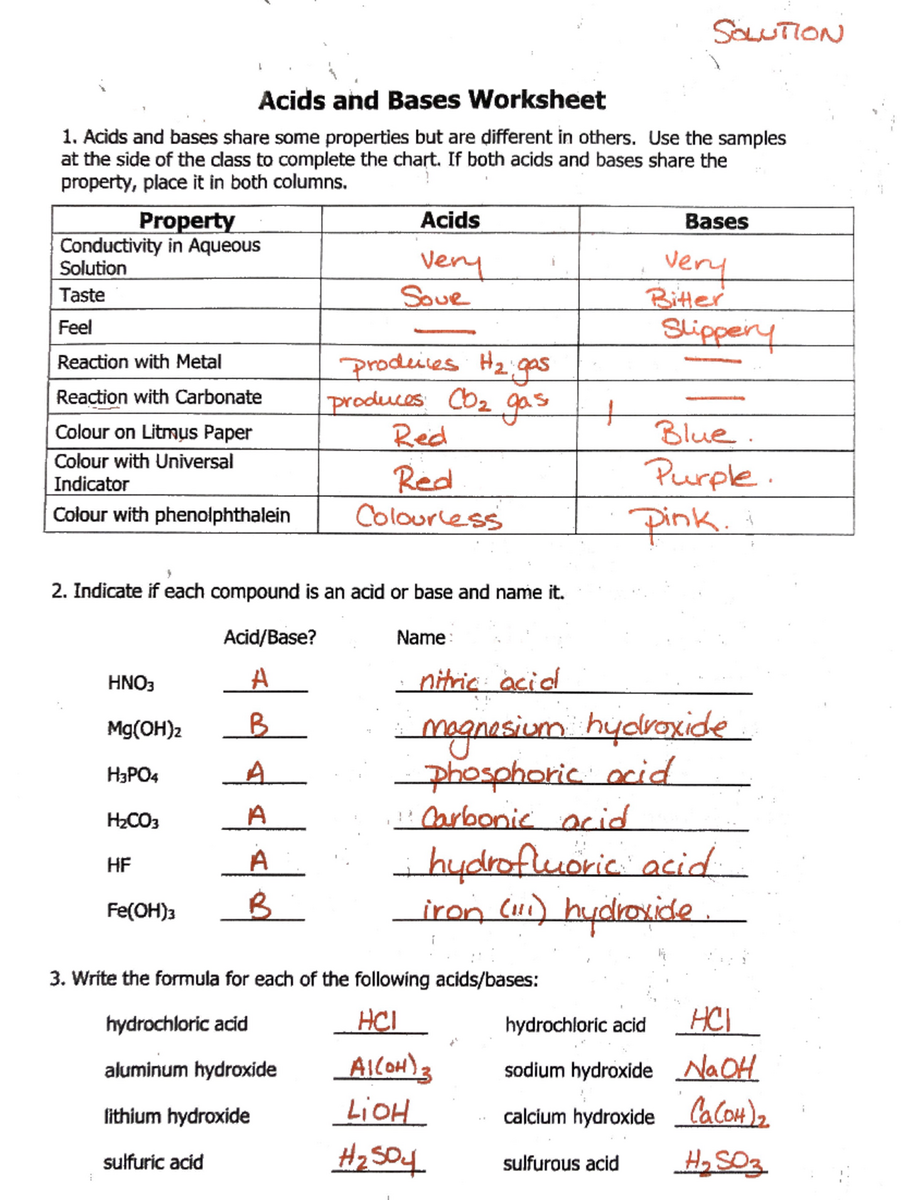 Acids And Bases WS Answers Key Concepts And Reactions Studocu