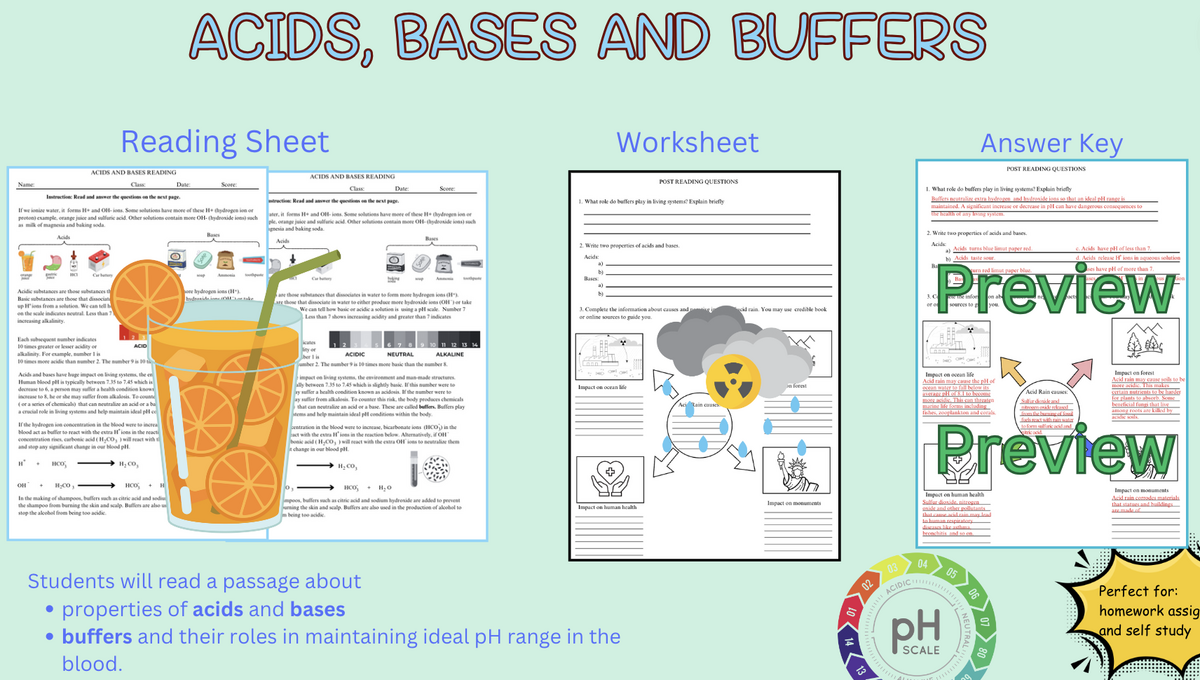 Acids Bases And Buffers PH Reading And Worksheet Activity Teaching Resources