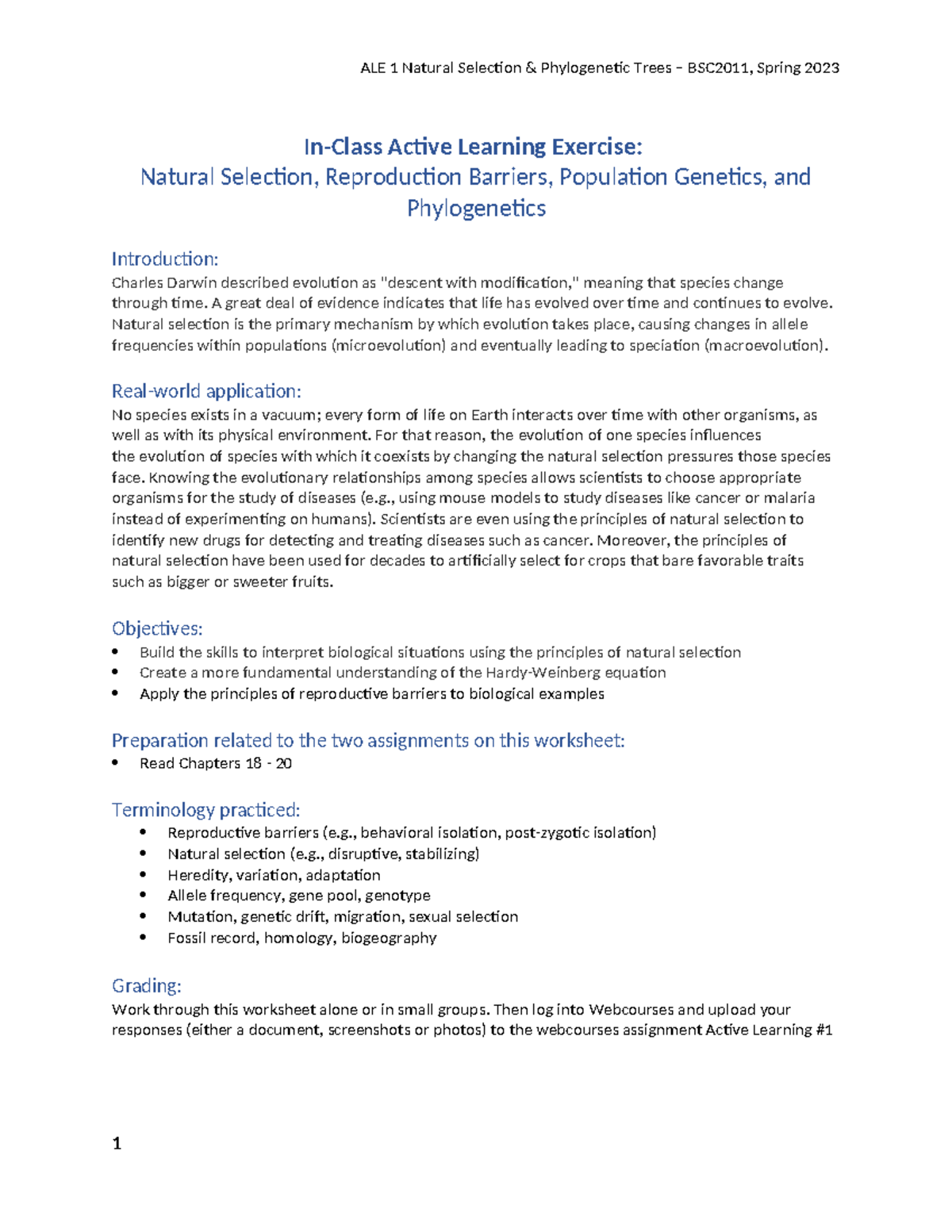 Active Learning Exercise Natural Selection Population Genetics AL1 Studocu