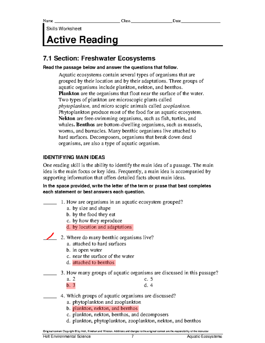 Active Reading Worksheet Freshwater Ecosystems Key Concepts Studocu