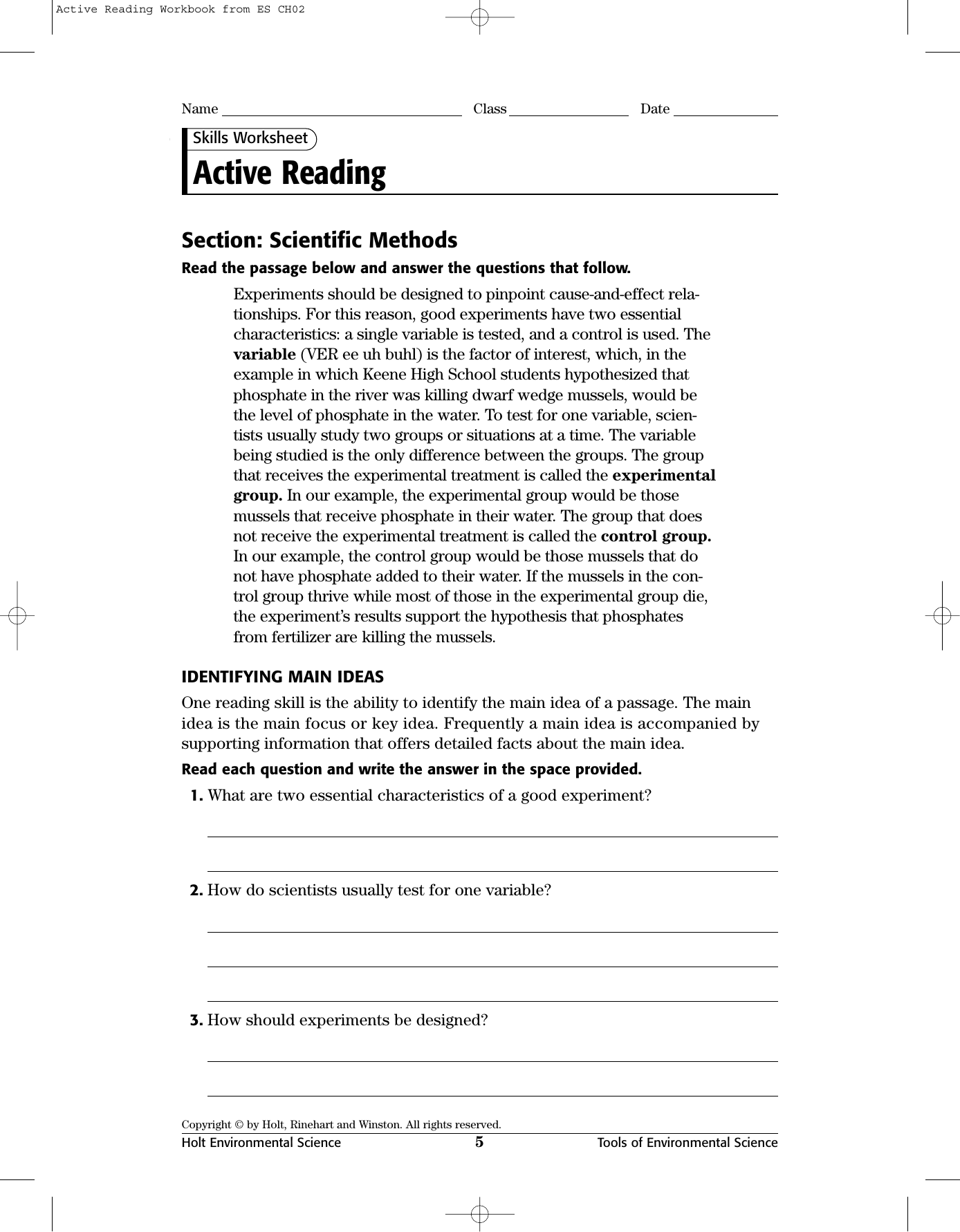 Active Reading Worksheet Scientific Methods Statistics Active Reading Worksheet
