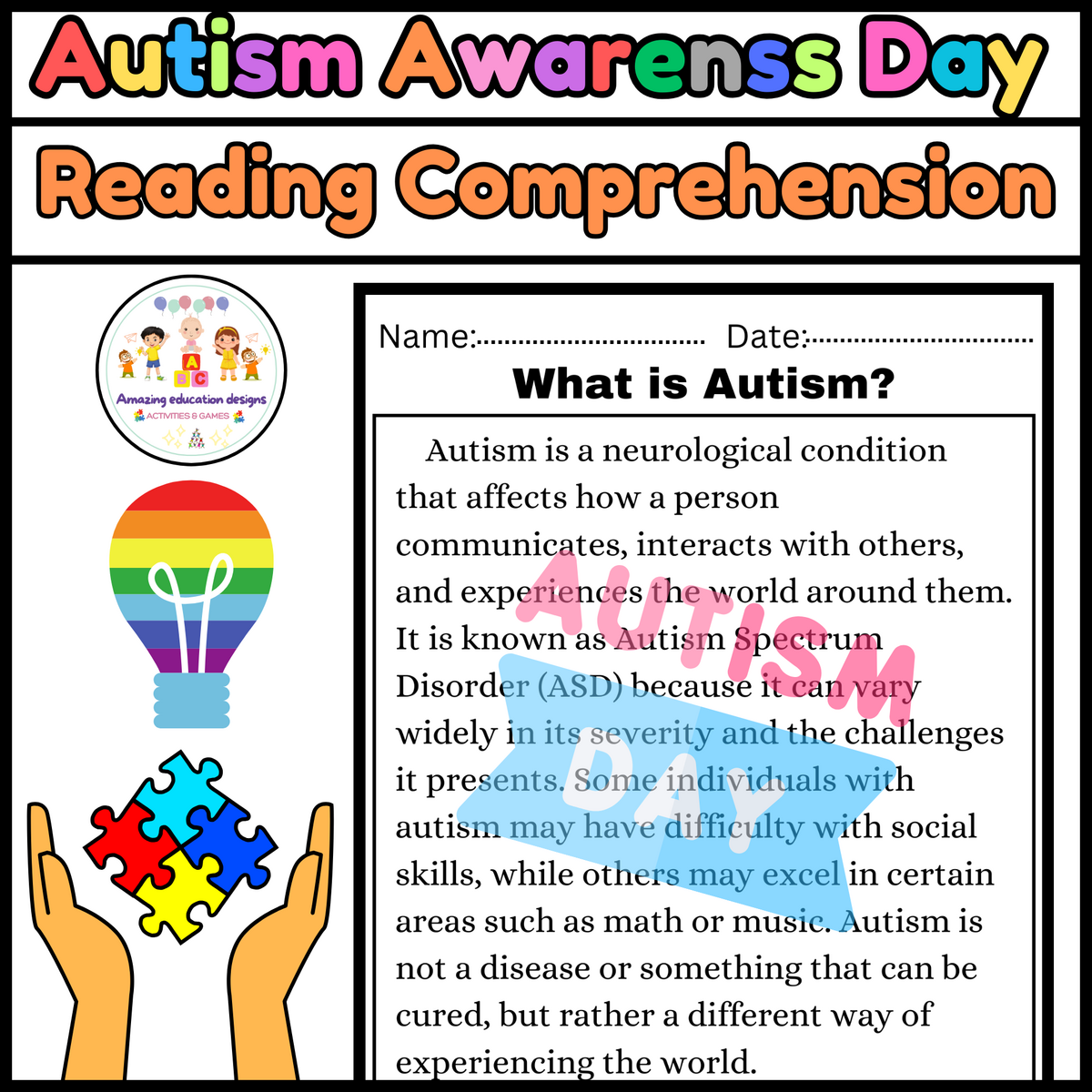 Activities Reading Comprehension Worksheets Autism Awarenss Day Made By Teachers Simple Reading Comprehension With Pictures Reading Autism SPED Kinder Montessori PRINTABLE ONLY Etsy Sweden