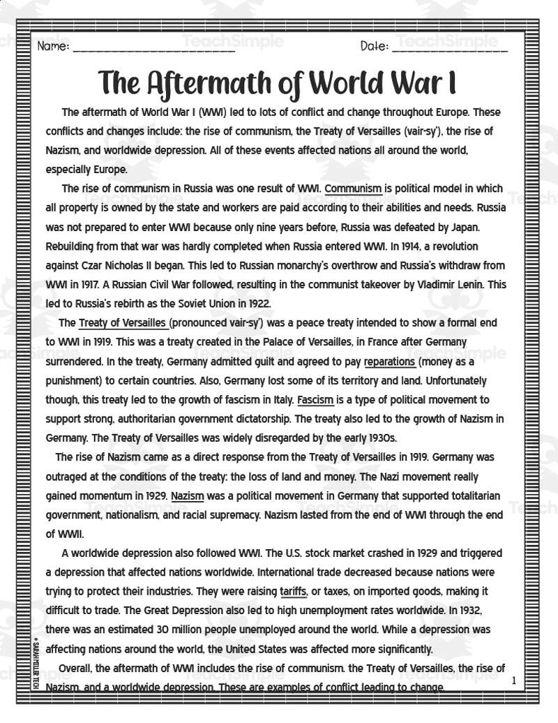 Aftermath Of World War I Reading Packet By Teach Simple
