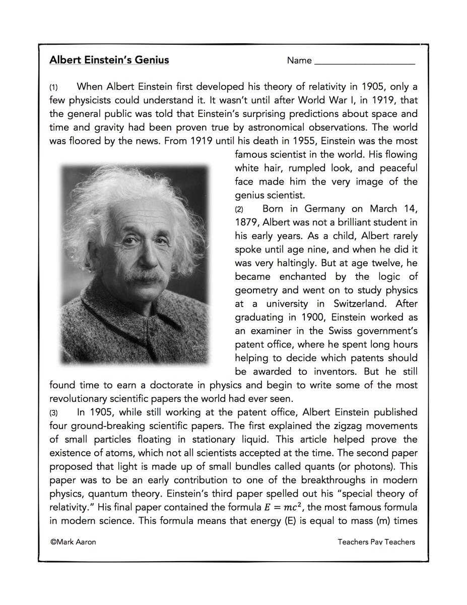 Albert Einstein Reading Comprehension Passage And Assessment Classful Albert Einstein Reading Comprehension Passage Questions Made By Teachers