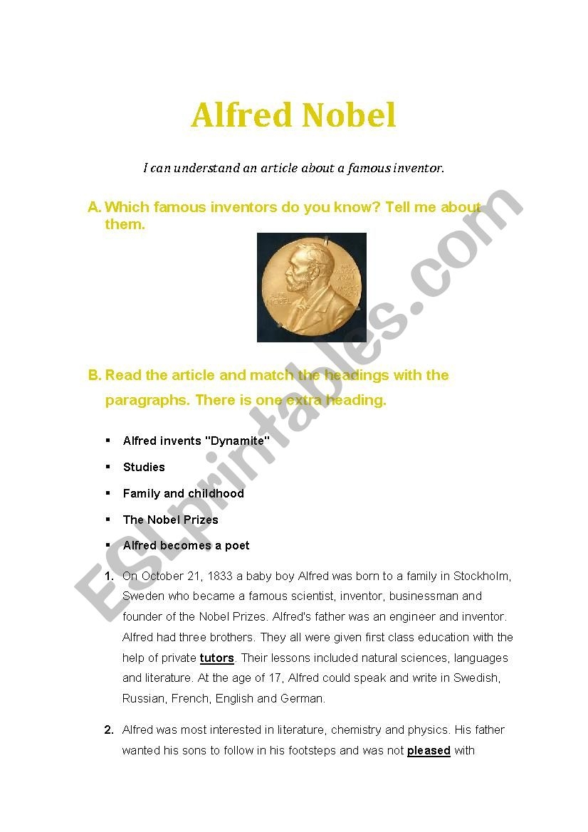 Alfred Nobel A Famous Inventor ESL Worksheet By Karasova