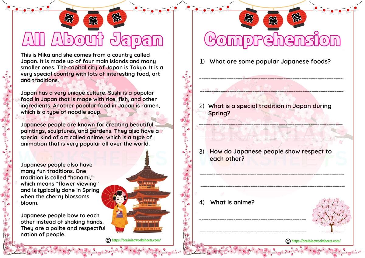 All About Japan Reading Comprehension English Worksheet For Class 5 Brainiac Worksheets