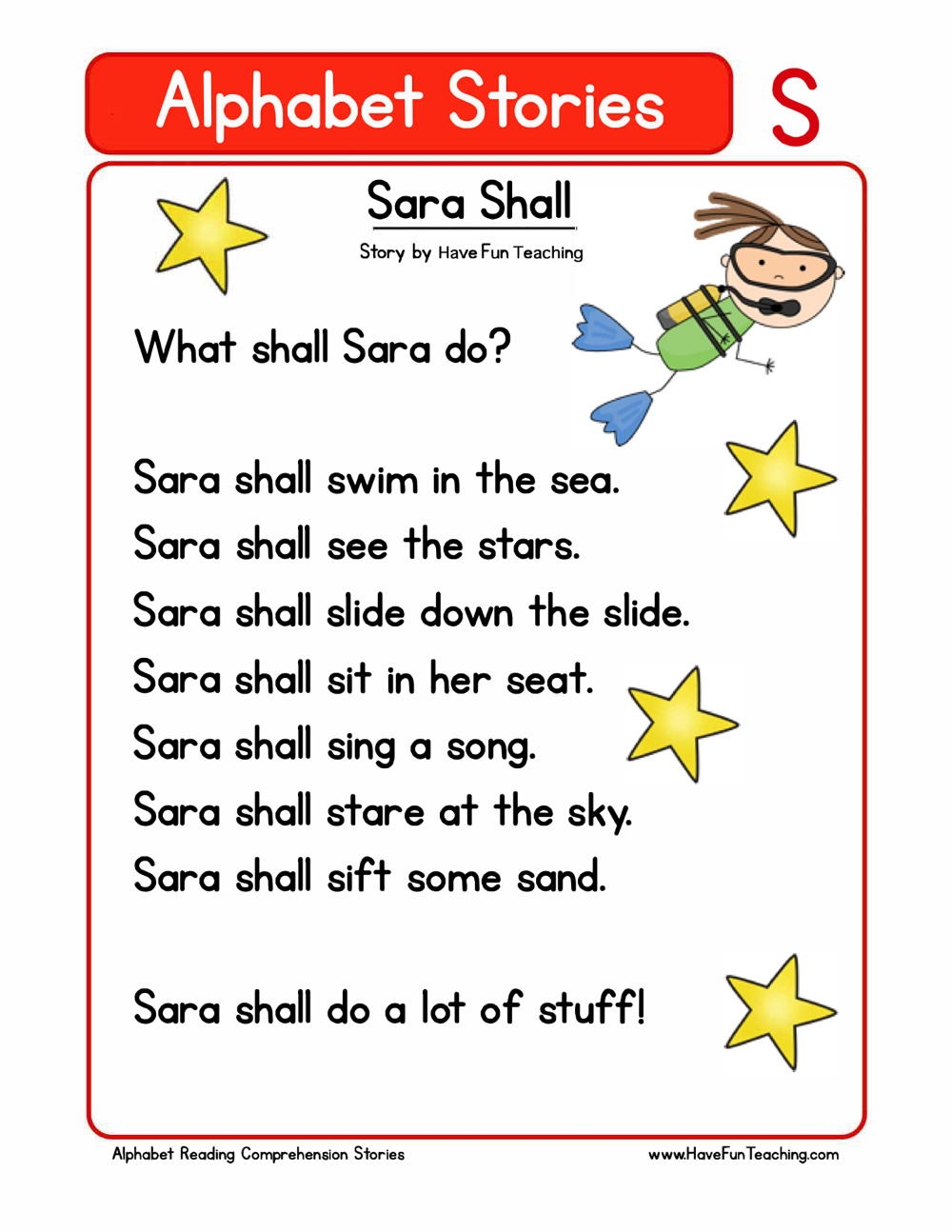 Alphabet Stories Letter S Reading Comprehension Worksheet Have Fun Teaching 5 Printable Reading Comprehension English Worksheets Ages 4 7 KG1 To Grade 2 Etsy