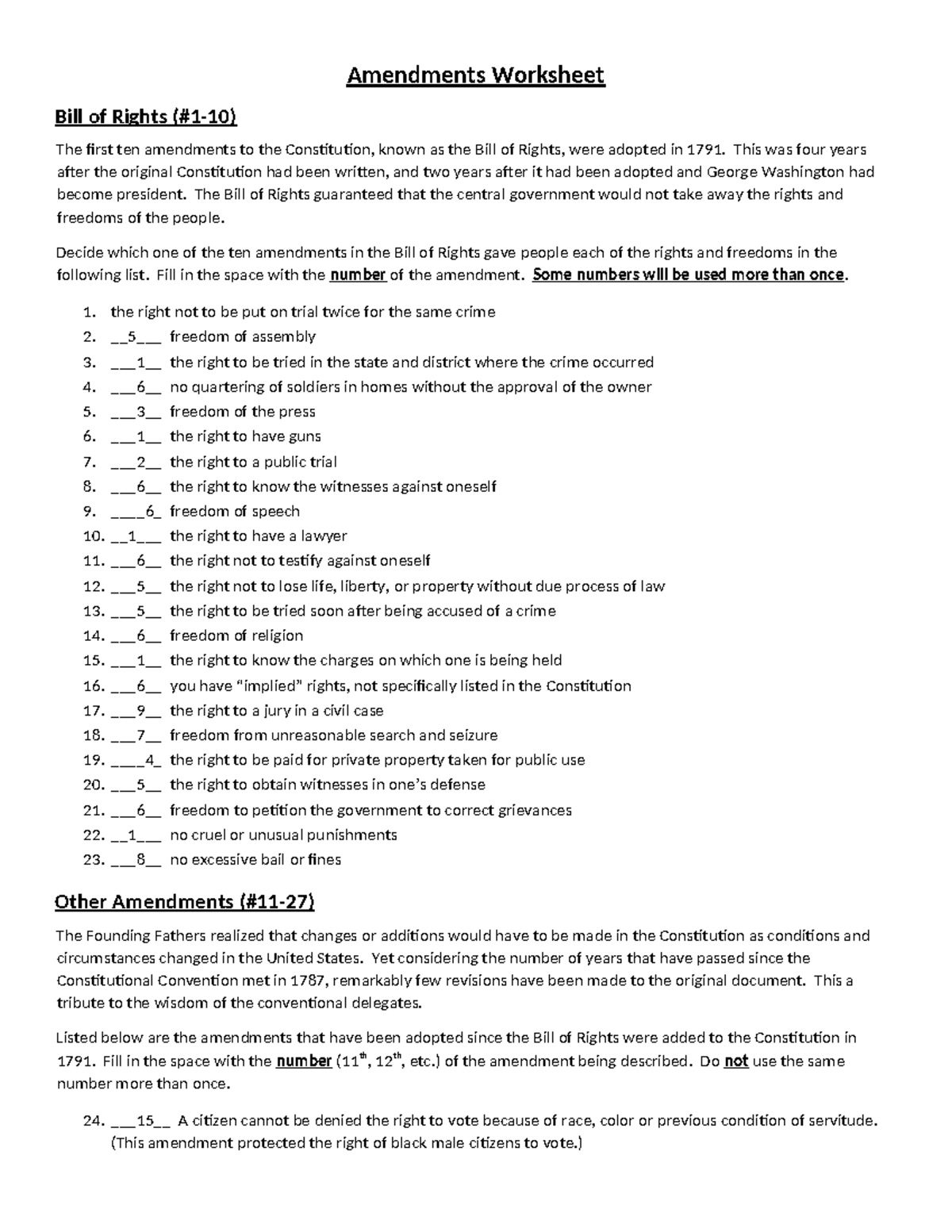 Amendments Worksheet Understanding The Bill Of Rights Studocu