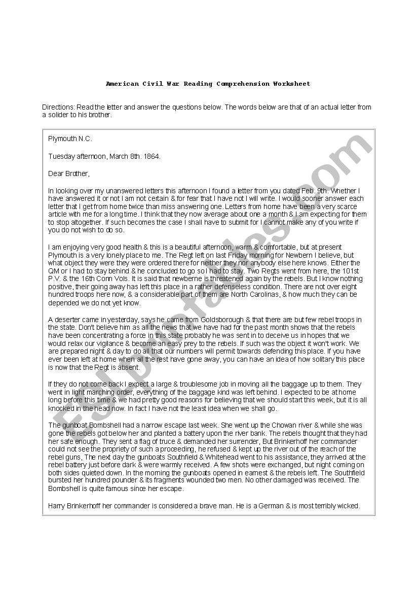 American Civil War Summary ESL Worksheet By DJParrish Worksheets Library