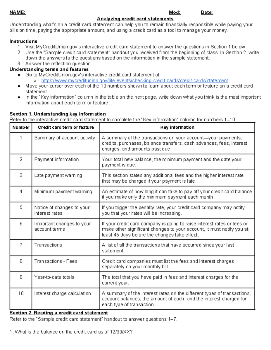 Analysis Of Credit Card Statements For Financial Responsibility Fin 101 Studocu Lesson 2 Credit Cards Student Activity Guide With Key Insights Studocu