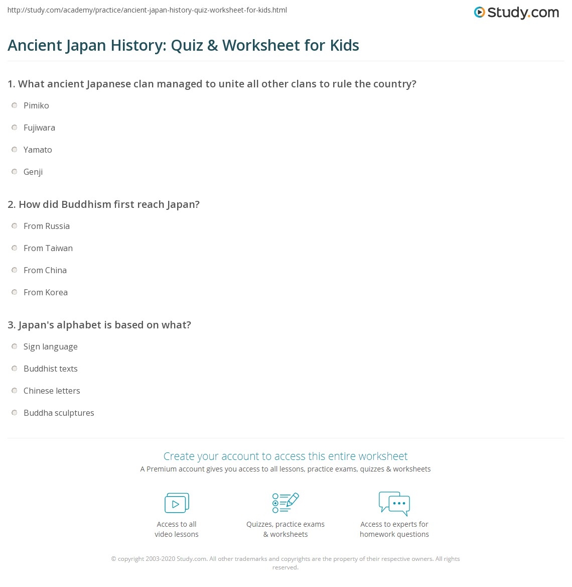 Ancient Japan History Quiz Worksheet For Kids Study