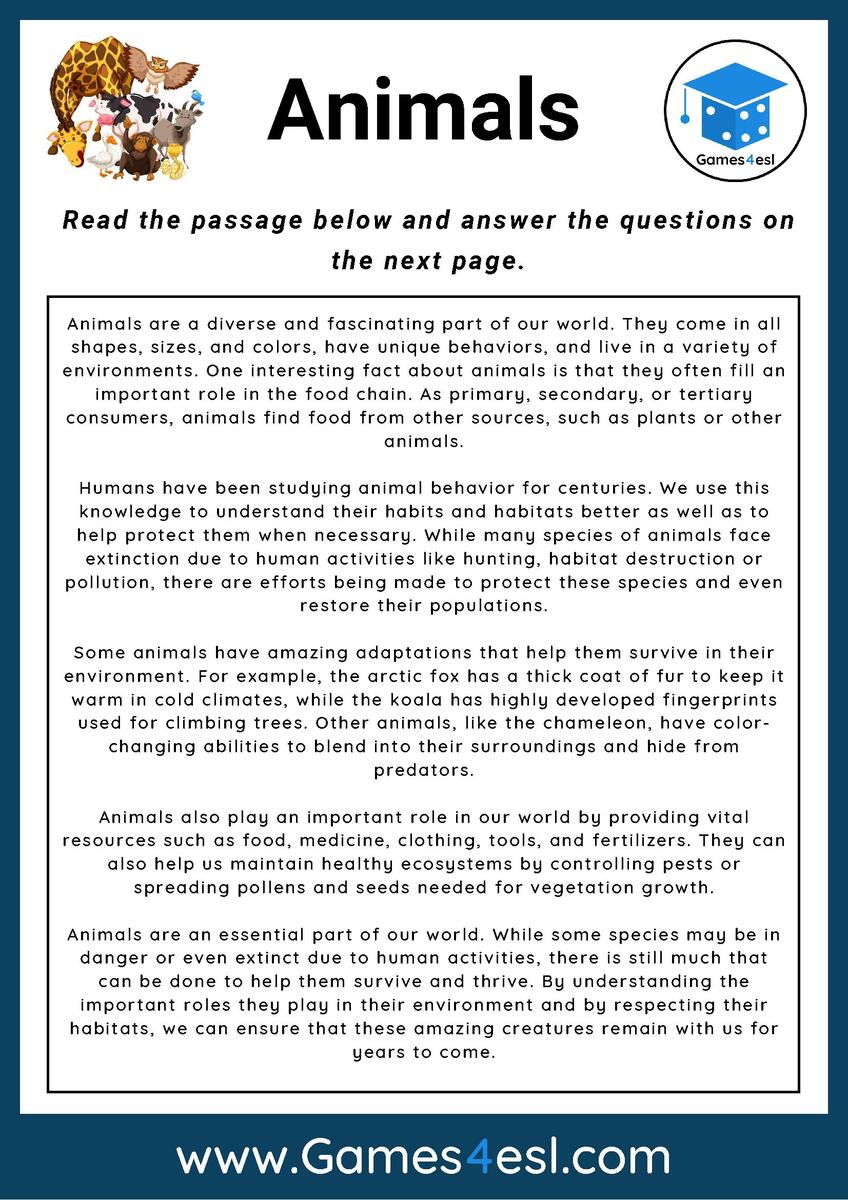 Animals Reading Comprehension Worksheet Games4esl Animals Reading Comprehension Worksheet Games4esl