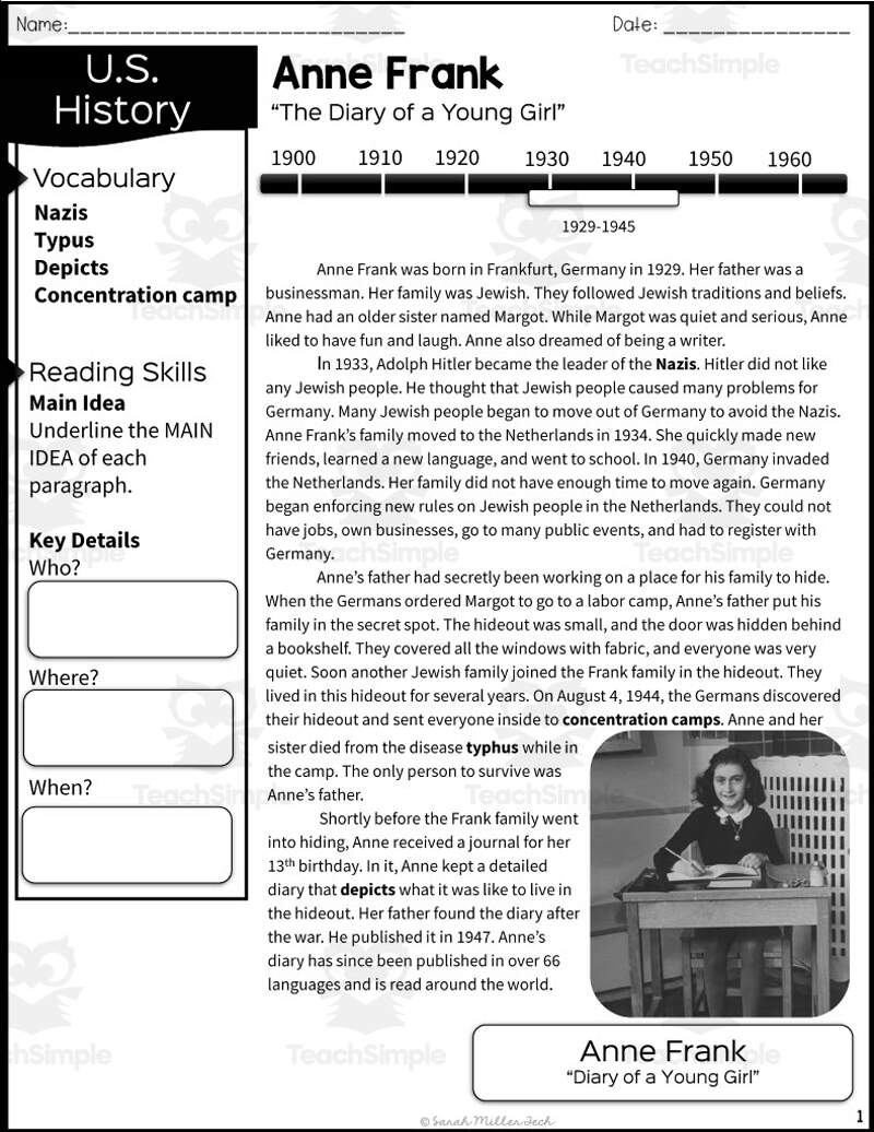 Anne Frank Reading Packet By Teach Simple Women S History Month Anne Frank Reading Comprehension Passage Questions Made By Teachers