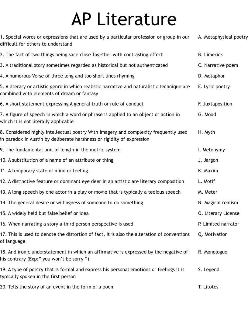 AP Literature Worksheet WordMint