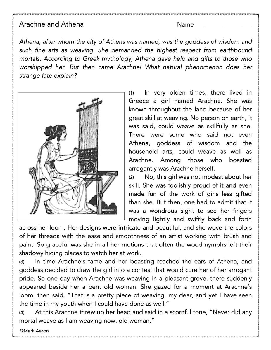 Arachne And Athena Reading Comprehension Passage Made By Teachers Worksheets Library