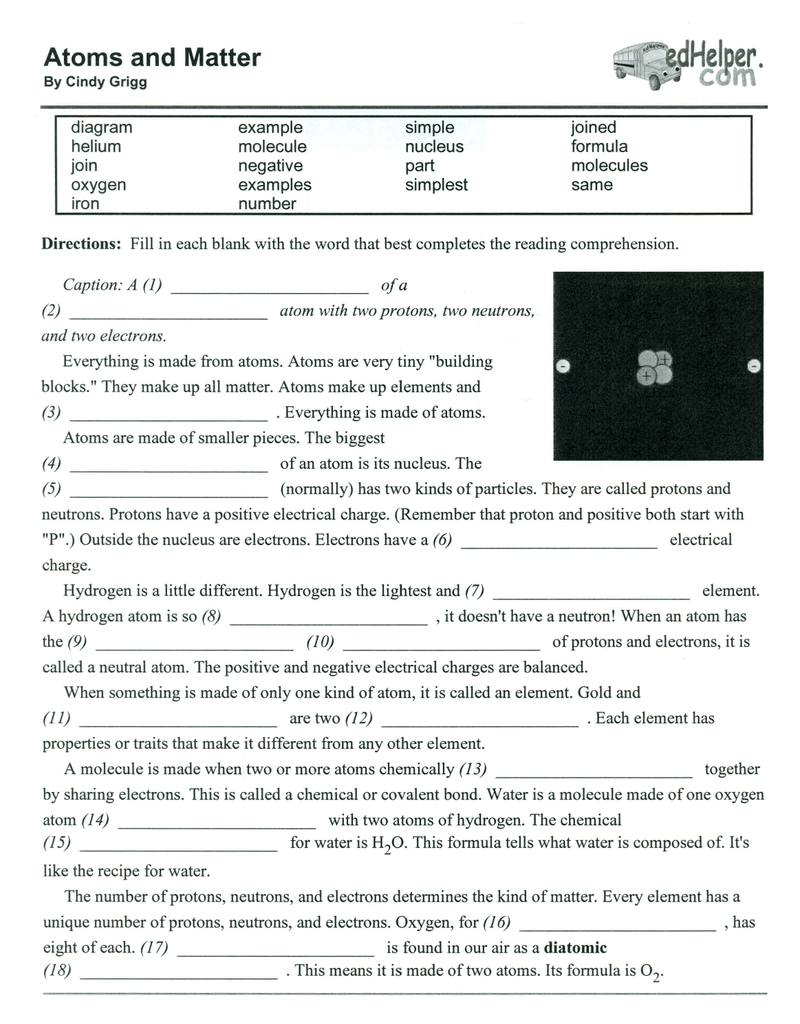 Atoms And Matter Worksheet Elements Molecules