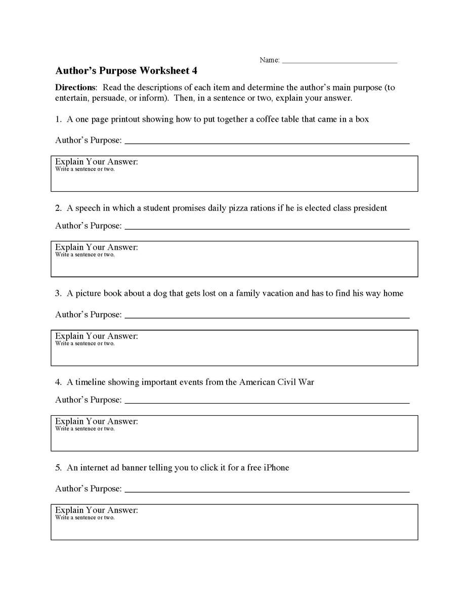 Author S Purpose Worksheets Short Passage Author S Purpose Worksheets
