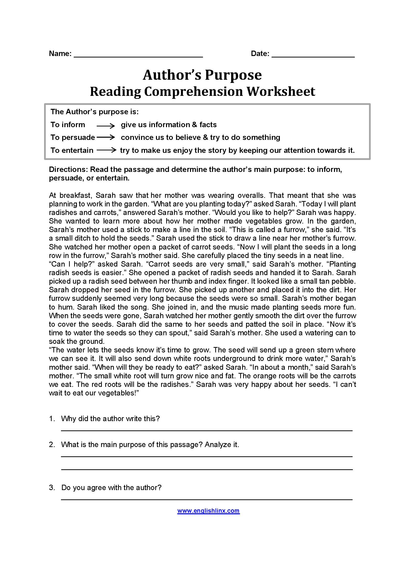 Author s Purpose Worksheets Reading Comprehension Author s Purpose Worksheets