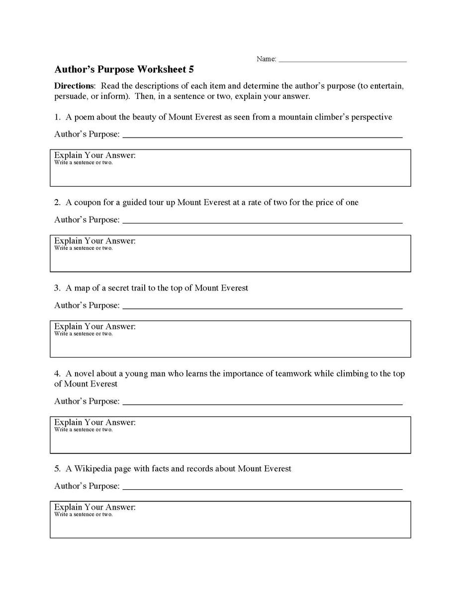Author s Purpose Worksheets Reading Skills