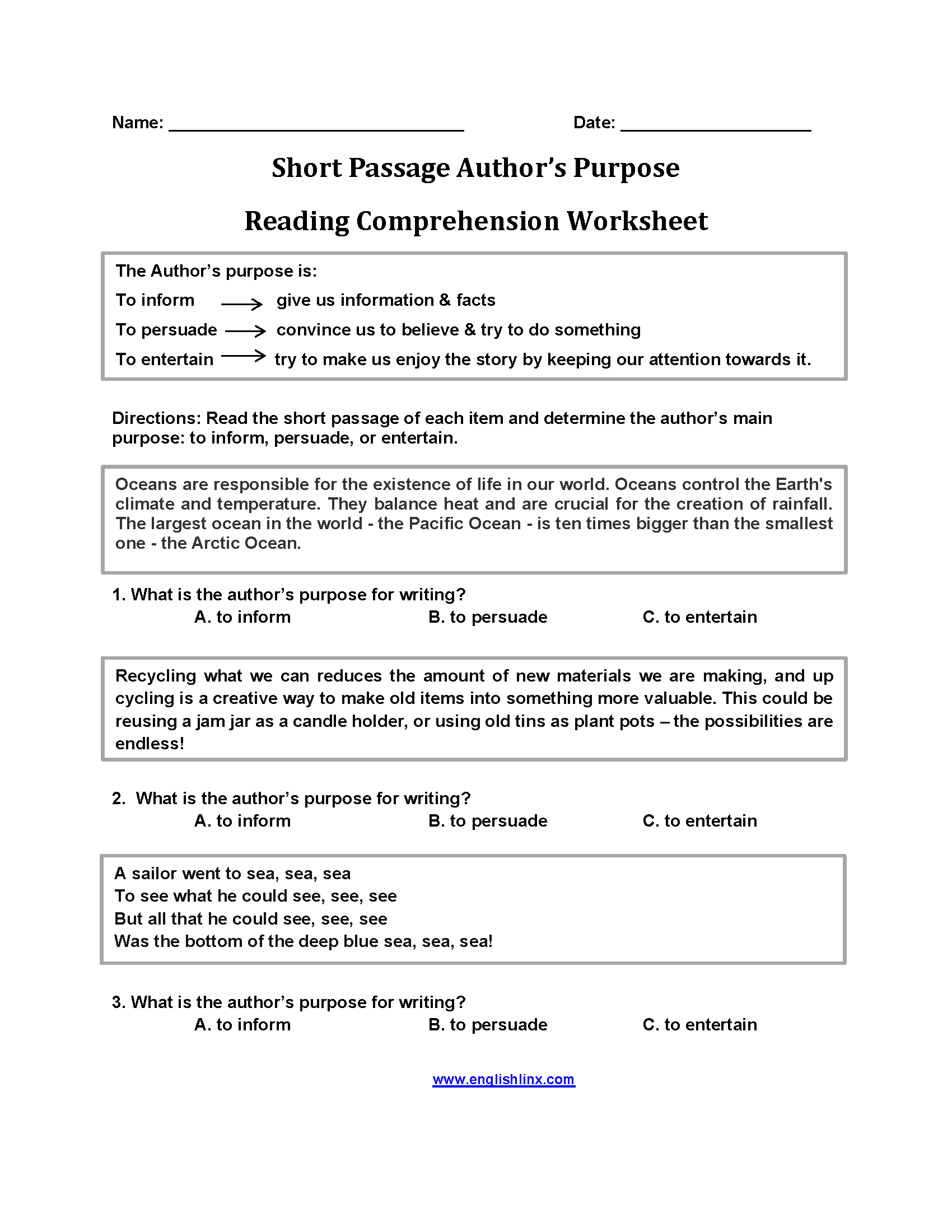 Author S Purpose Worksheets Short Passage Author S Purpose Worksheets
