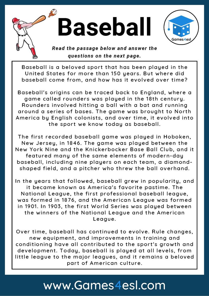 Baseball Reading Comprehension Worksheet Games4esl Spring Baseball Close Reading Comprehension Passages Questions Differentiated A Love Of Teaching Kim Miller