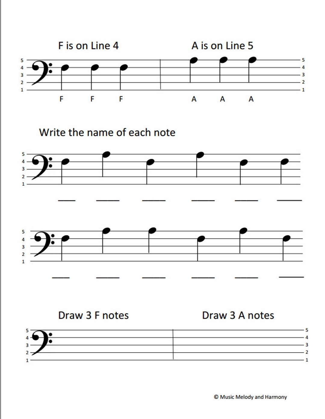 Bass Clef Notes F A Worksheet Etsy