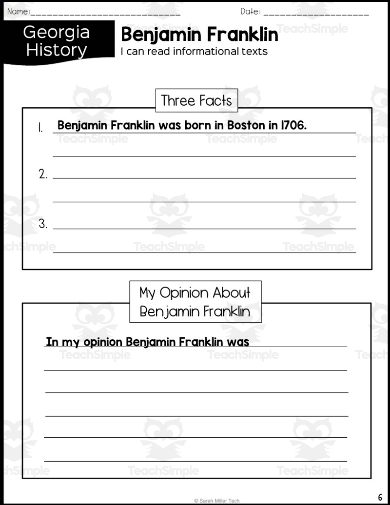 Benjamin Franklin History Packet Nonfiction Reading By Teach Simple