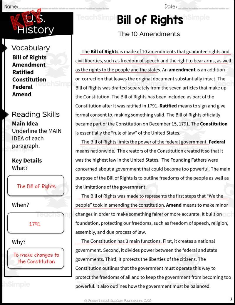 Bill Of Rights Reading Packet By Teach Simple